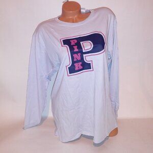 Victoria Secret PINK T Shirt Long Sleeve Light Blue Pink Logo Crew Neck Campus